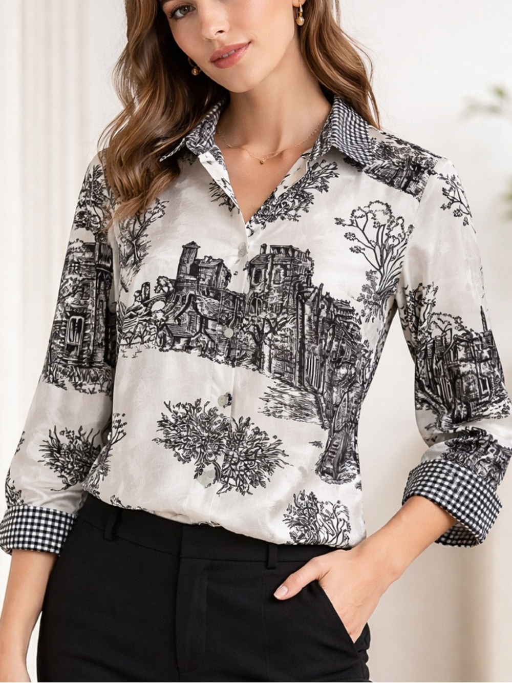 Harris Wallace New York Toile Print Silk Blouse Black & White Button-Up Size S